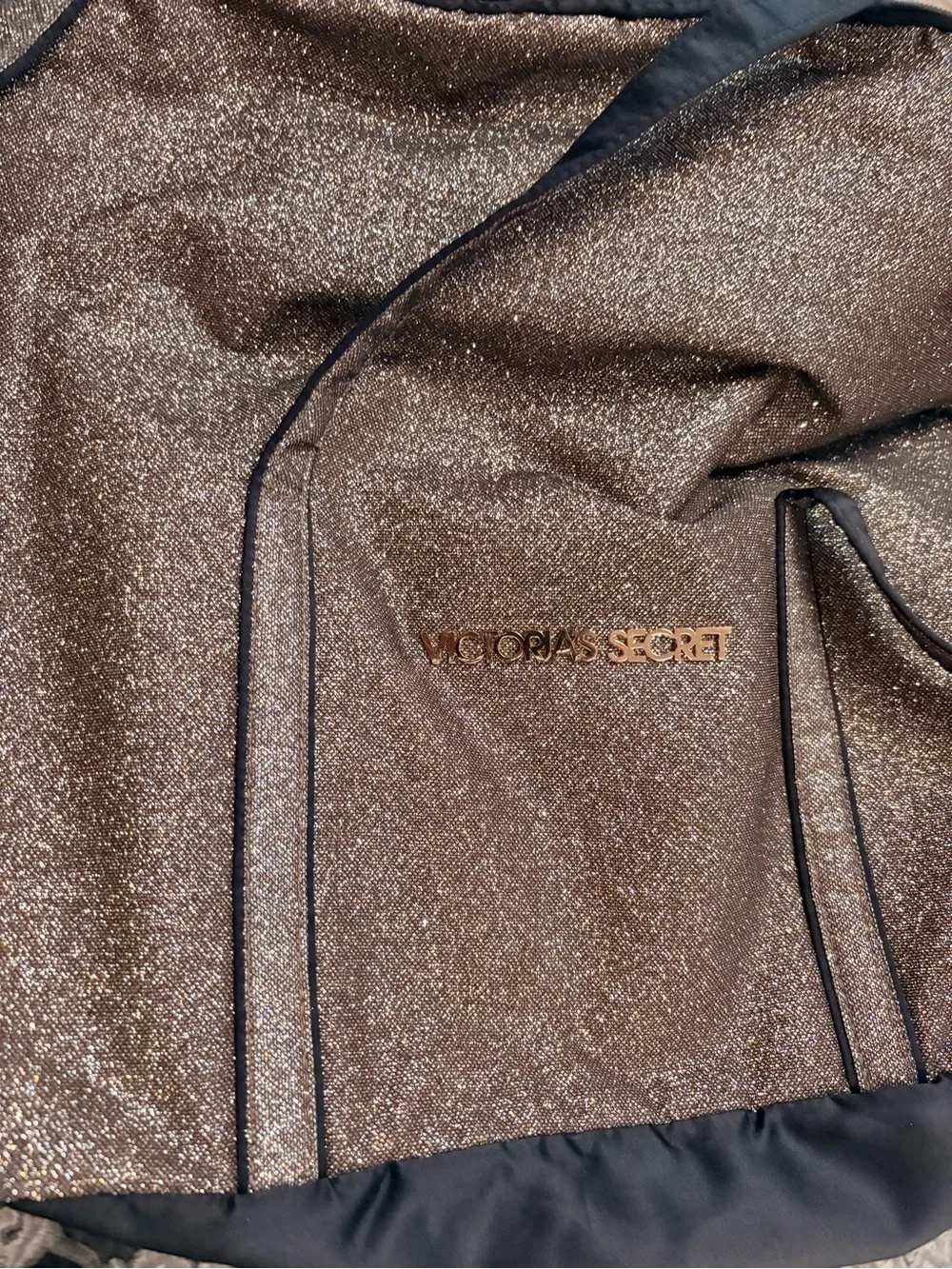 Victoria's Secret Gold Shimmer Sparkle w Black Weekender Bowler Tote 19” x 15”